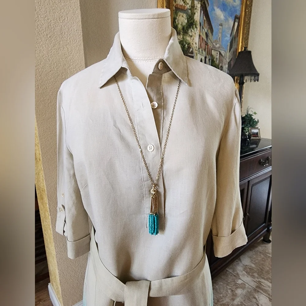 J. McLaughlin Beige and Teal Linen Knee Length Dress XS - Picture 3 of 11
